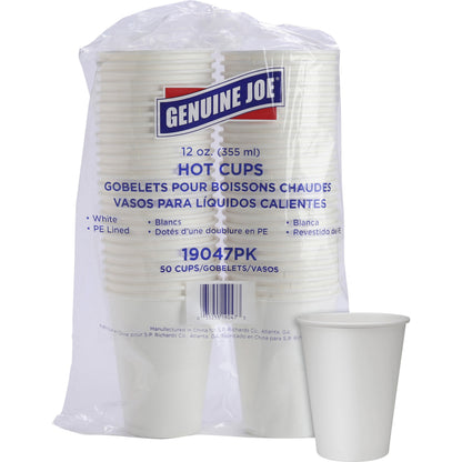 Genuine Joe 12 oz Disposable Hot Cups - 12 fl oz - White - Polyethylene - Beverage, Hot Drink - 50 / Pack