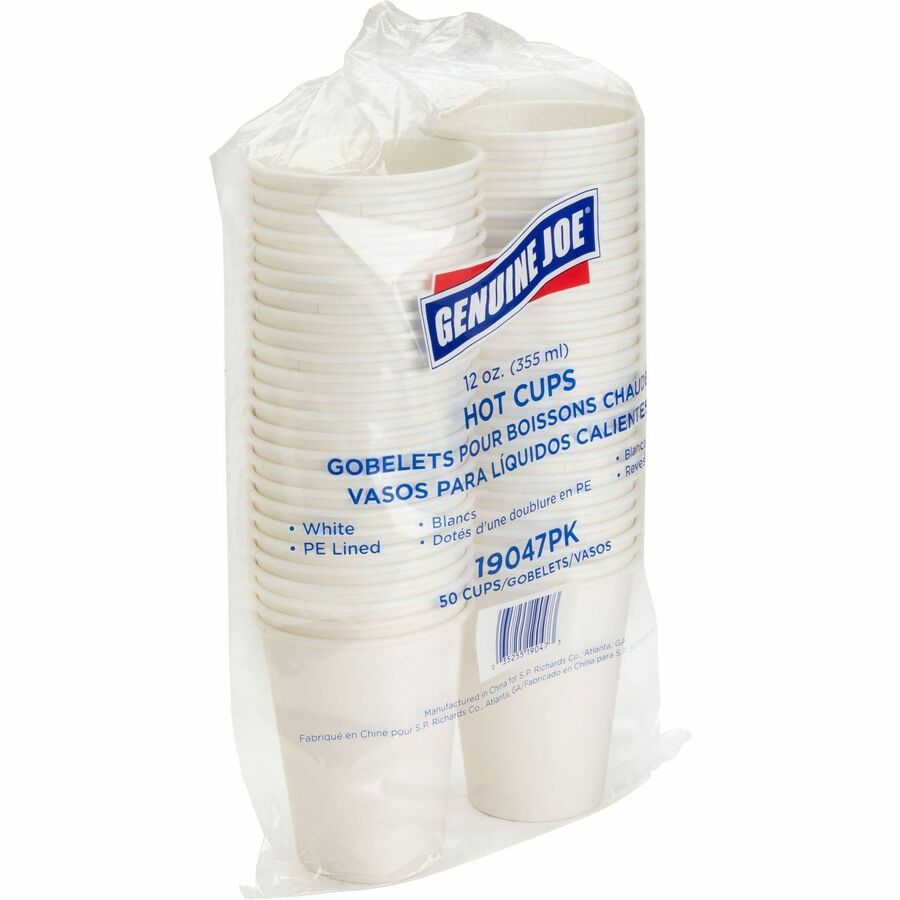 Genuine Joe 12 oz Disposable Hot Cups - 12 fl oz - White - Polyethylene - Beverage, Hot Drink - 50 / Pack