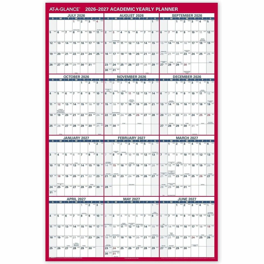 At-A-Glance Erasable Two-sided Wall Calendar - Julian Dates - Yearly - July 2026 to June 2027 - 48" x 32" Sheet Size - 1