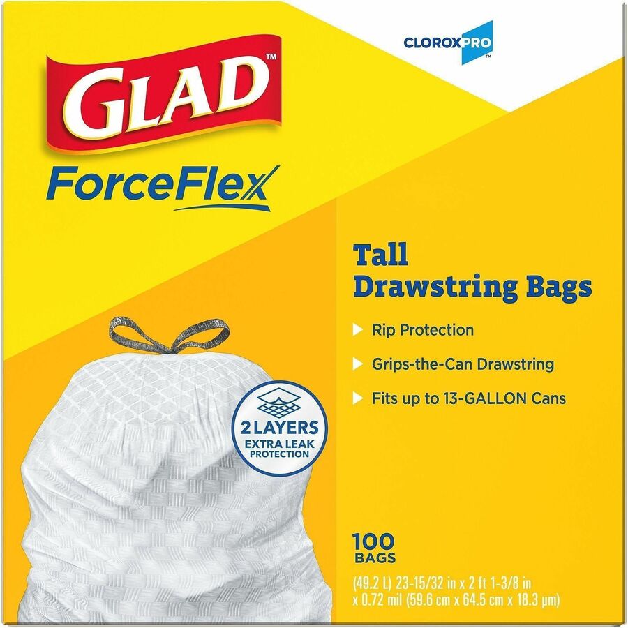 Glad ForceFlex Tall Kitchen Drawstring Trash Bags - 13 gal Capacity - 27" Length x 24" Width x 0.72 mil (18 Micron) Thic