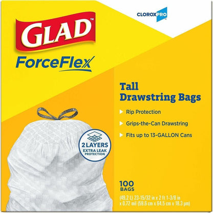 Glad ForceFlex Tall Kitchen Drawstring Trash Bags - 13 gal Capacity - 27" Length x 24" Width x 0.72 mil (18 Micron) Thic