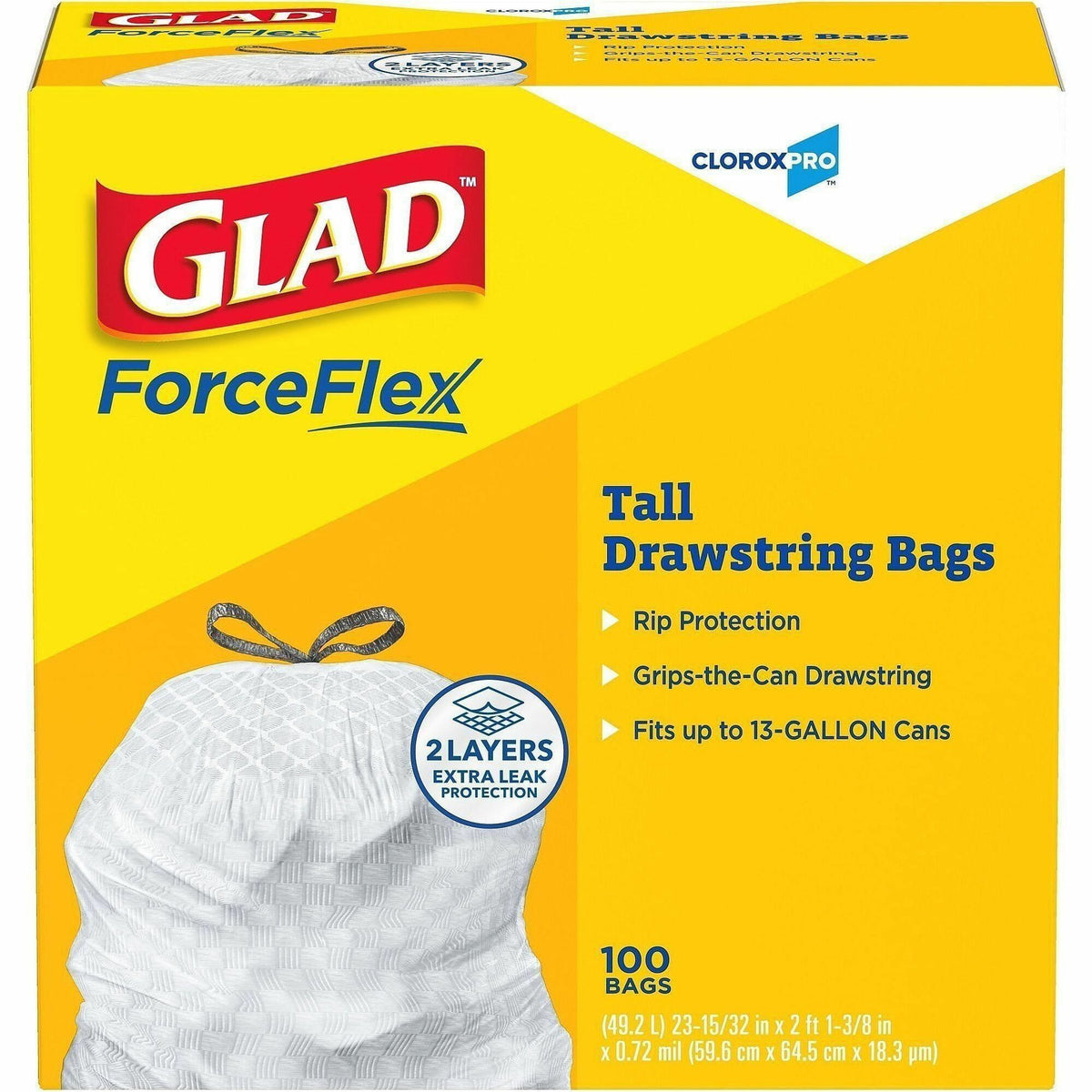 Glad ForceFlex Tall Kitchen Drawstring Trash Bags - 13 gal Capacity - 27" Length x 24" Width x 0.72 mil (18 Micron) Thic