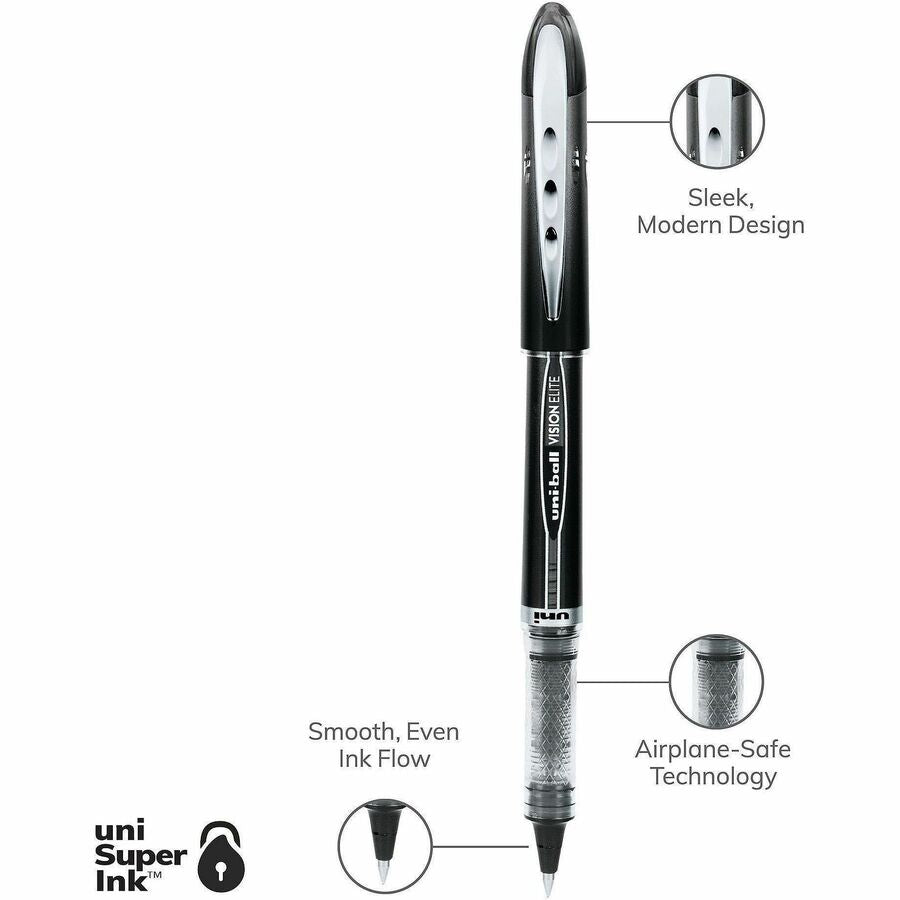 uniball™ Vision Elite Rollerball Pen - 0.5 mm Micro Pen Point - Black Ink - Black Barrel - Stainless Steel, Tungsten Car