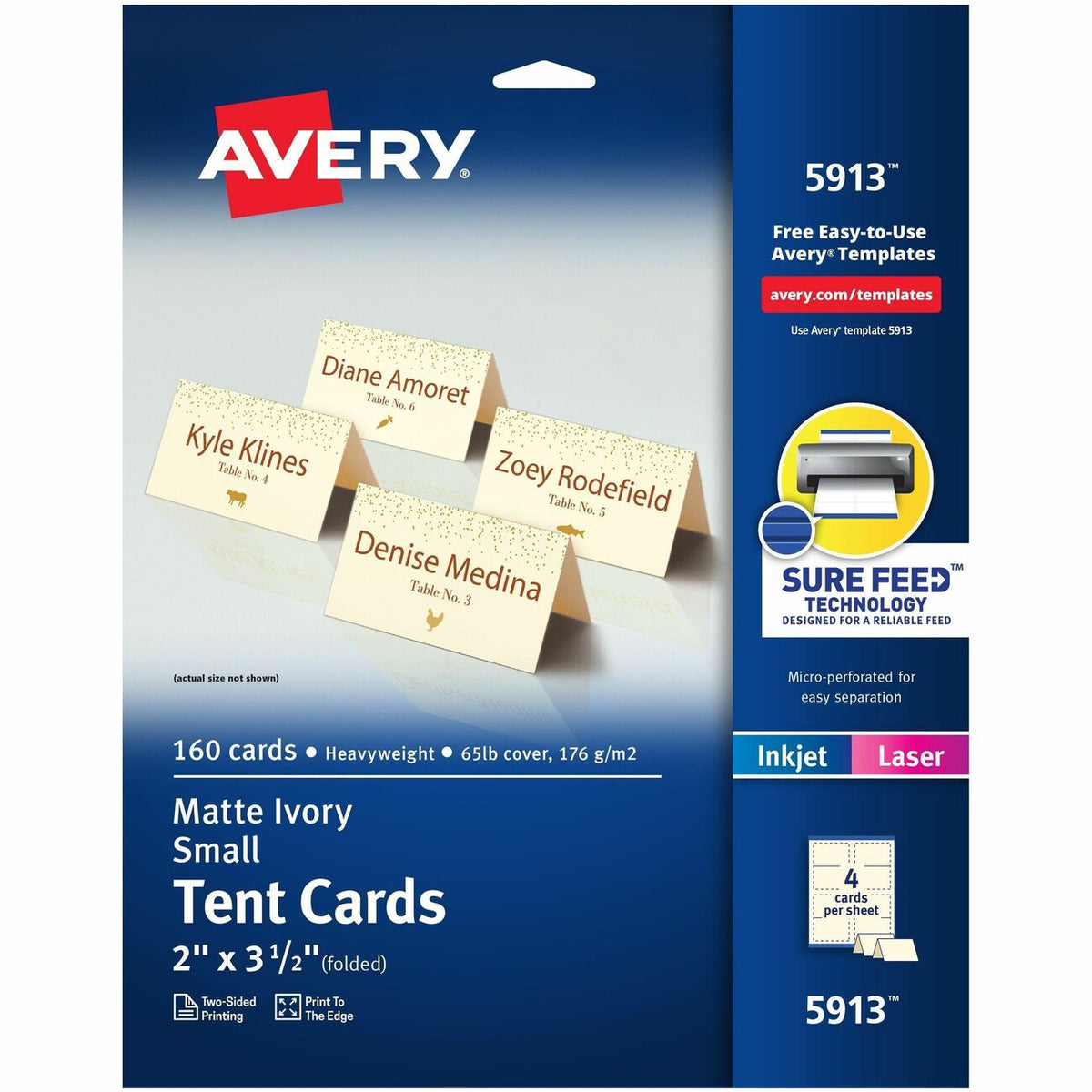 Avery® Sure Feed Tent Cards - 79 Brightness - Letter - 8 1/2" x 11" - 65 lb Basis Weight - 176 g/m² Grammage - Matte - F