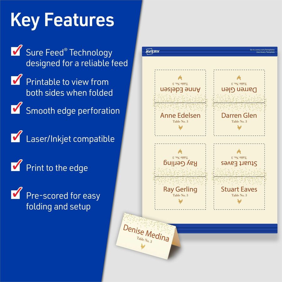 Avery® Sure Feed Tent Cards - 79 Brightness - Letter - 8 1/2" x 11" - 65 lb Basis Weight - 176 g/m² Grammage - Matte - F