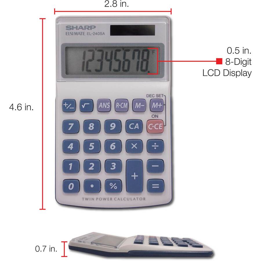 SHARP® EL-240SAB 8-Digit Handheld Calculator - 3-Key Memory, Sign Change, Auto Power Off - 8 Digits - LCD - Battery/Sola