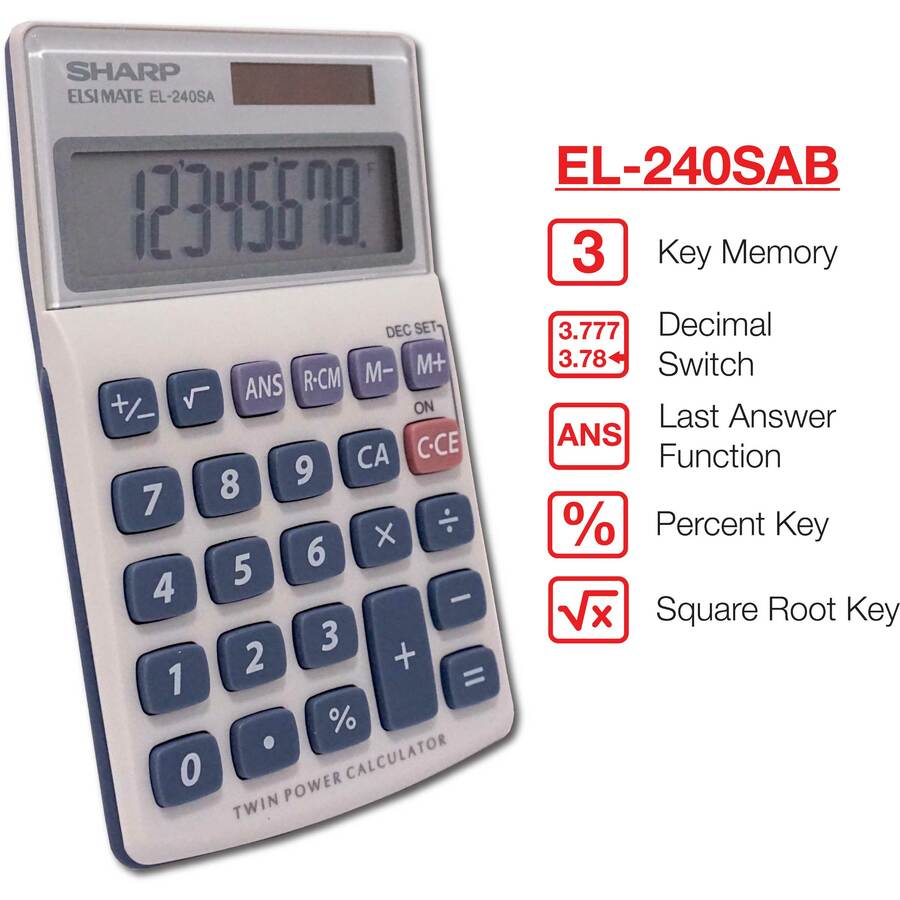 SHARP® EL-240SAB 8-Digit Handheld Calculator - 3-Key Memory, Sign Change, Auto Power Off - 8 Digits - LCD - Battery/Sola