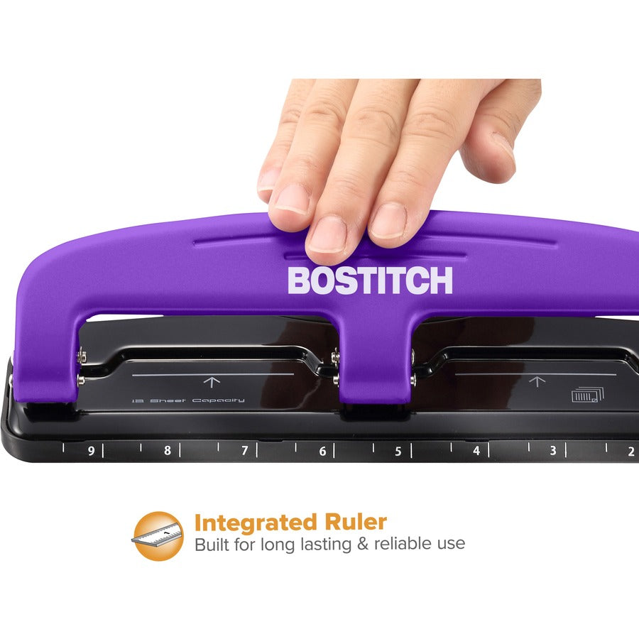 Bostitch EZ Squeeze™ 12 Three-Hole Punch - 3 Punch Head(s) - 12 Sheet - 9/32" Punch Size - 3" Width x 1.6" Height - Purp