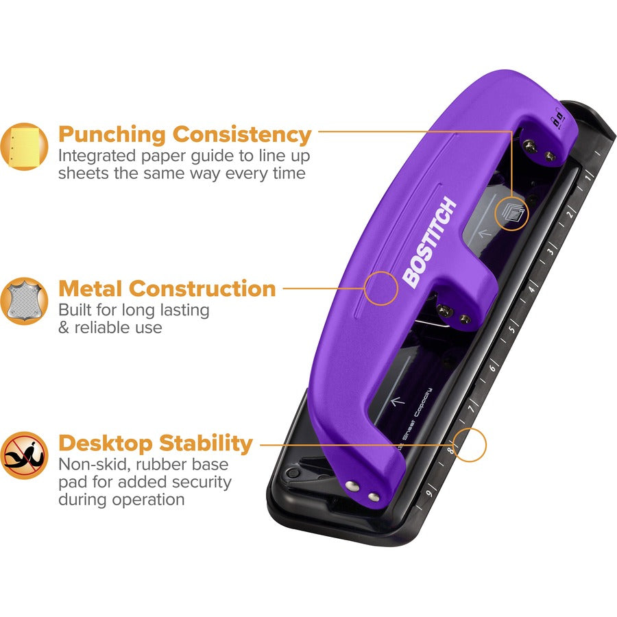 Bostitch EZ Squeeze™ 12 Three-Hole Punch - 3 Punch Head(s) - 12 Sheet - 9/32" Punch Size - 3" Width x 1.6" Height - Purp