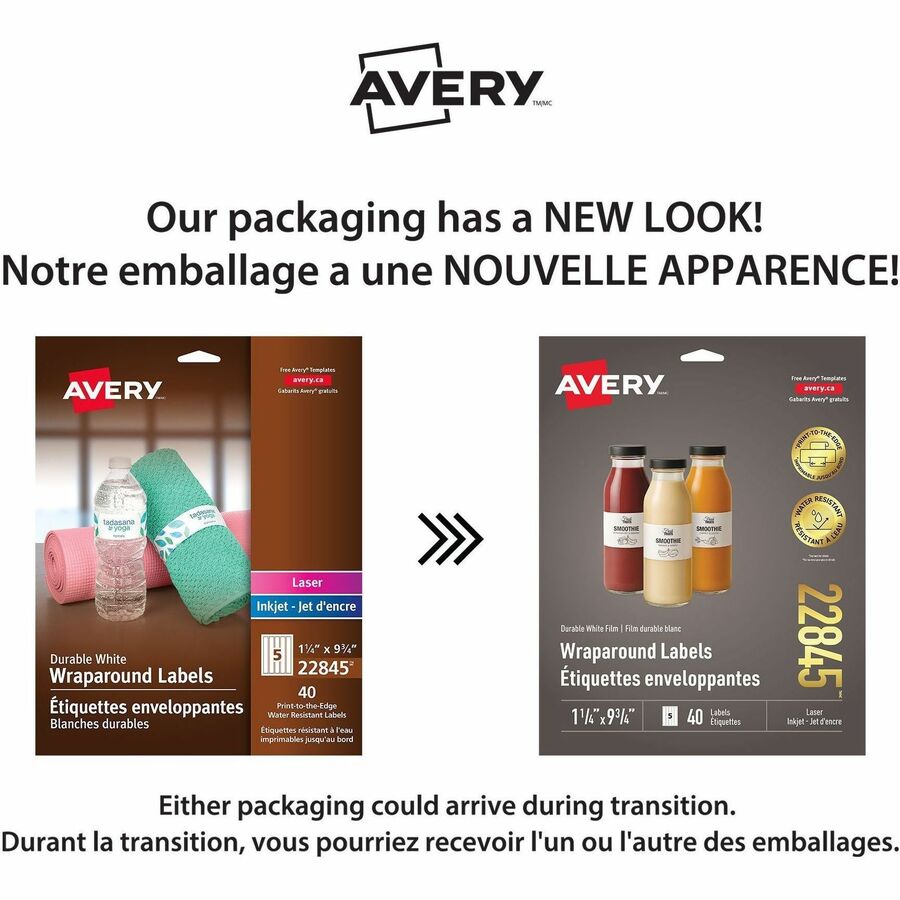 Avery Durable White Wraparound Labels - - HeightPermanent Adhesive - Laser, Inkjet - White - Film - Water Resistant - 5 