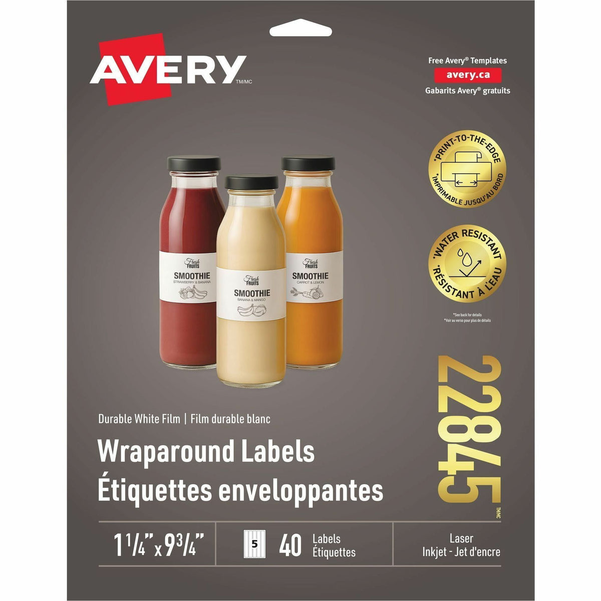 Avery Durable White Wraparound Labels - - HeightPermanent Adhesive - Laser, Inkjet - White - Film - Water Resistant - 5 