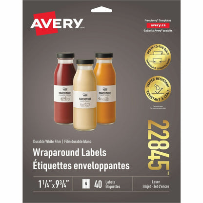 Avery Durable White Wraparound Labels - - HeightPermanent Adhesive - Laser, Inkjet - White - Film - Water Resistant - 5 
