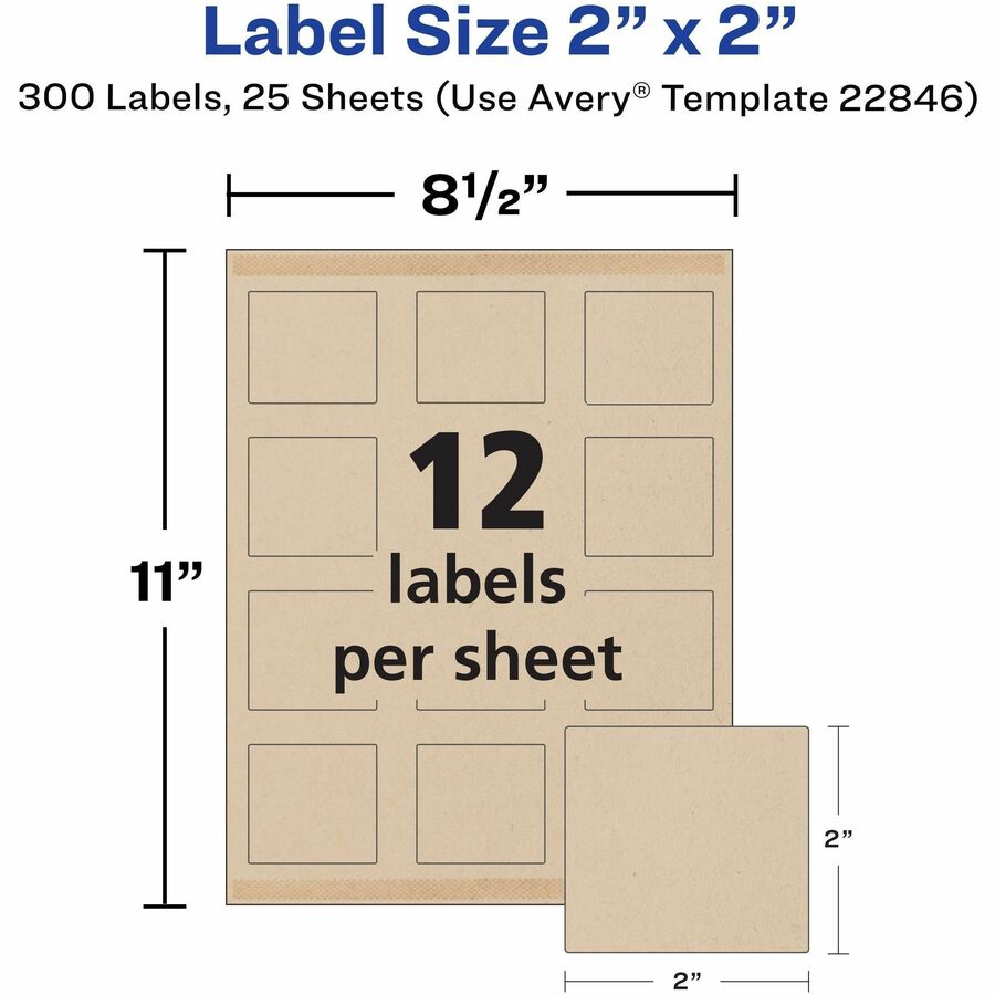 Avery® Promotional Label - Waterproof - 2" Width x 2" Length - Permanent Adhesive - Square - Inkjet, Laser - Matte Kraft