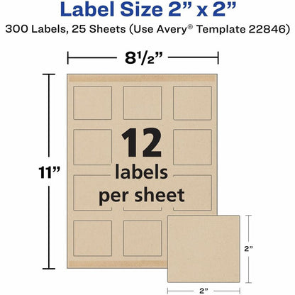 Avery® Promotional Label - Waterproof - 2" Width x 2" Length - Permanent Adhesive - Square - Inkjet, Laser - Matte Kraft