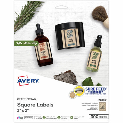 Avery® Promotional Label - Waterproof - 2" Width x 2" Length - Permanent Adhesive - Square - Inkjet, Laser - Matte Kraft