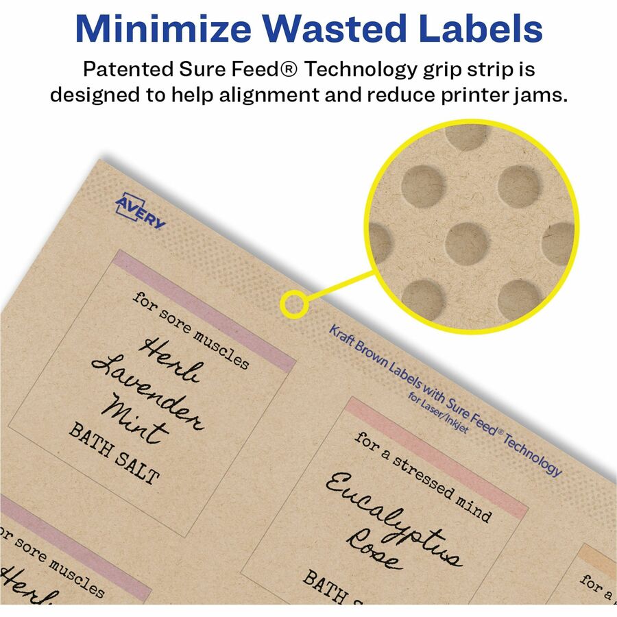 Avery® Promotional Label - Waterproof - 2" Width x 2" Length - Permanent Adhesive - Square - Inkjet, Laser - Matte Kraft