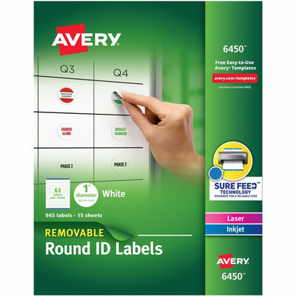 Avery® Multiuse Removable Labels - 1" Diameter - Removable Adhesive - Round - Inkjet, Laser - Matte - White - Paper - 63