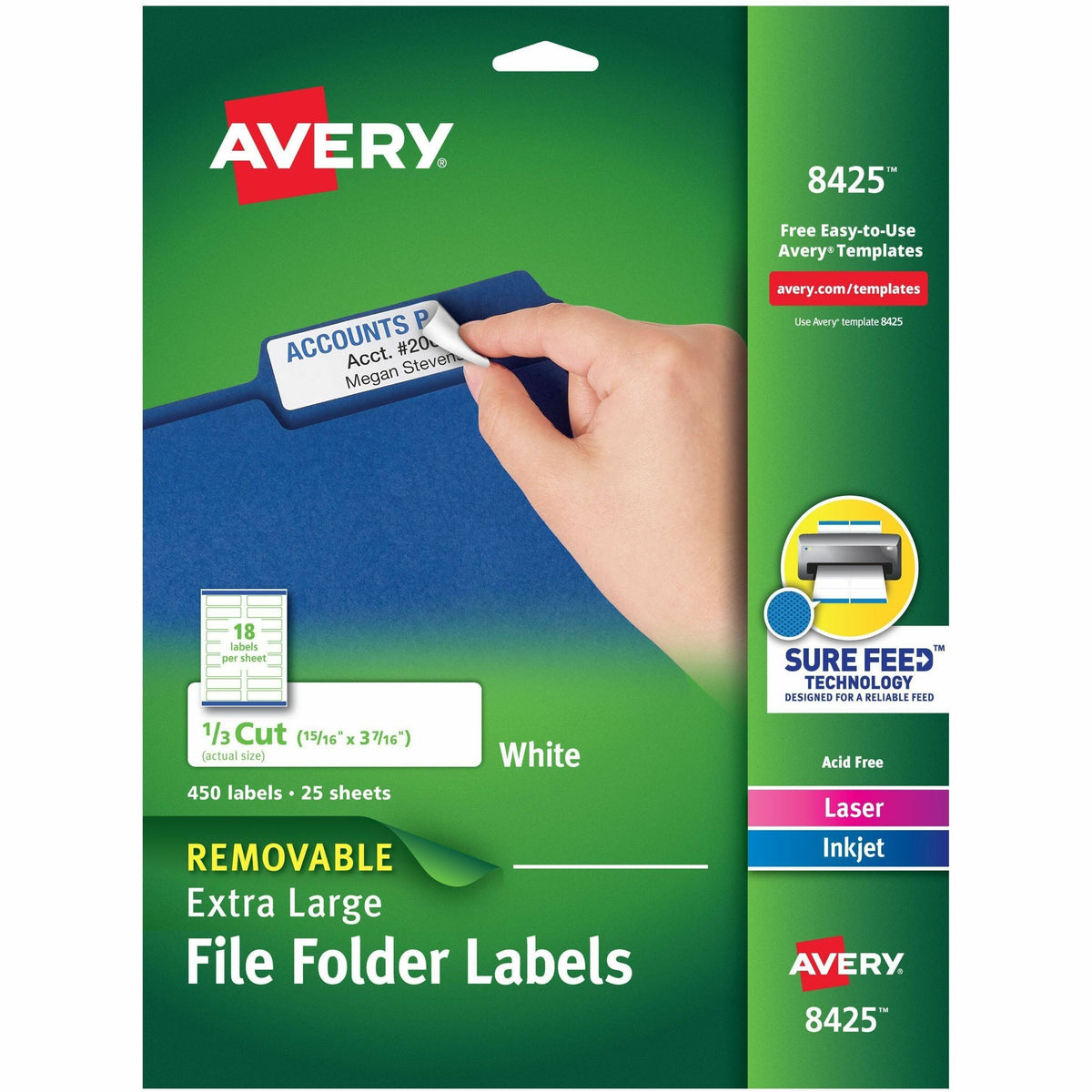 Avery® Extra-large TrueBlock Filing Labels - 15/16" Width x 3 7/16" Length - Removable Adhesive - Rectangle - Inkjet, La