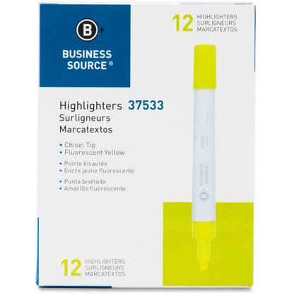 Business Source Chisel Tip Yellow Value Highlighter - Yellow Ink - White Barrel - 12 / Dozen