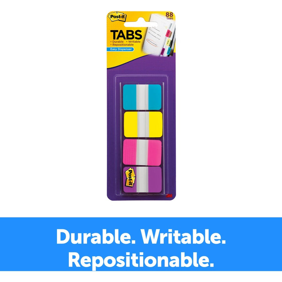 Post-it® Tabs - 88 Write-on Tab(s) - 1.50" Tab Height x 1" Tab Width - Blue, Yellow, Pink, Purple Tab(s) - Repositionabl