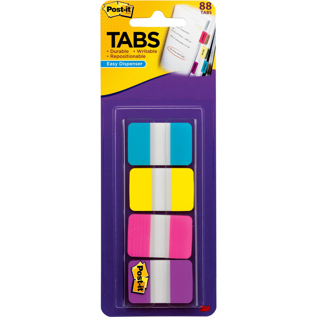 Post-it® Tabs - 88 Write-on Tab(s) - 1.50" Tab Height x 1" Tab Width - Blue, Yellow, Pink, Purple Tab(s) - Repositionabl