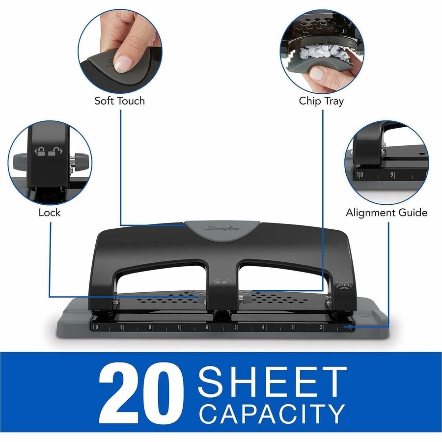 Swingline SmartTouch Low-Force 3-Hole Punch - 3 Punch Head(s) - 20 Sheet - 9/32" Punch Size - Metal - 4.5" Width x 12" D