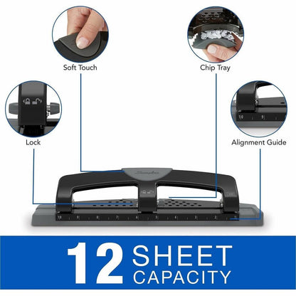 Swingline SmartTouch Low-Force 3-Hole Punch - 3 Punch Head(s) - 12 Sheet - 9/32" Punch Size - Black, Gray