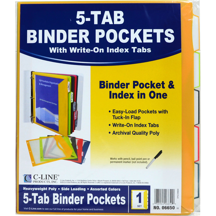 C-Line Write-on Tab Poly Binder Pockets - For Letter 8 1/2" x 11" Sheet - 3 x Holes - Ring Binder - Rectangular - 5 / Se