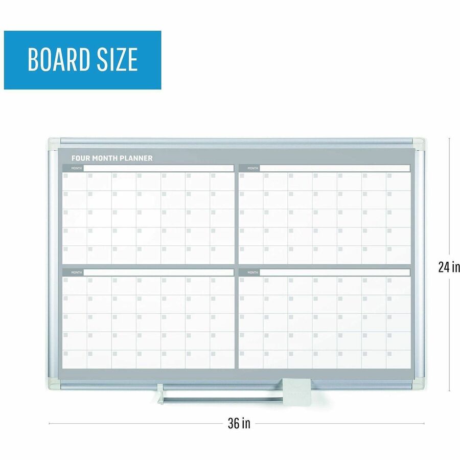 MasterVision Dry-erase 4-month Planner - Monthly - 4 Month - 36" x 24" Sheet Size - White, Silver - Aluminum, Porcelain 