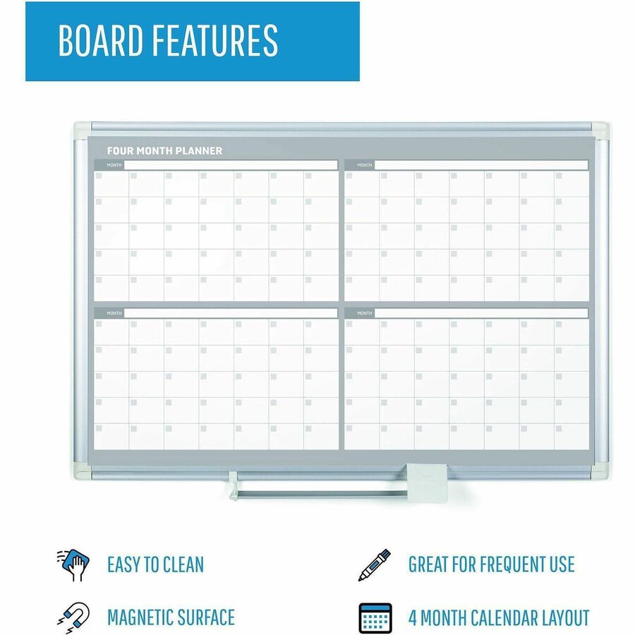 MasterVision Dry-erase 4-month Planner - Monthly - 4 Month - 36" x 24" Sheet Size - White, Silver - Aluminum, Porcelain 