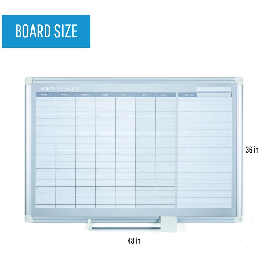 MasterVision 3' Magnetic Gold Monthly Planner - Monthly - White, Silver - Aluminum - 36" Height x 48" Width - 1 Each
