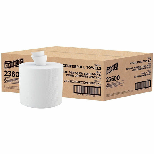 Genuine Joe Centerpull Paper Towels - 2 Ply - 8.13" Width x 7.56" Length - 600 Sheets/Roll - 3 1/16" Core - White - Fibe