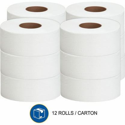 Genuine Joe Jumbo Roll Bath Tissues - 2 Ply - 3.25" Width x 1000 ft Length - 9" Roll Diameter - 3 19/64" Core - White - 