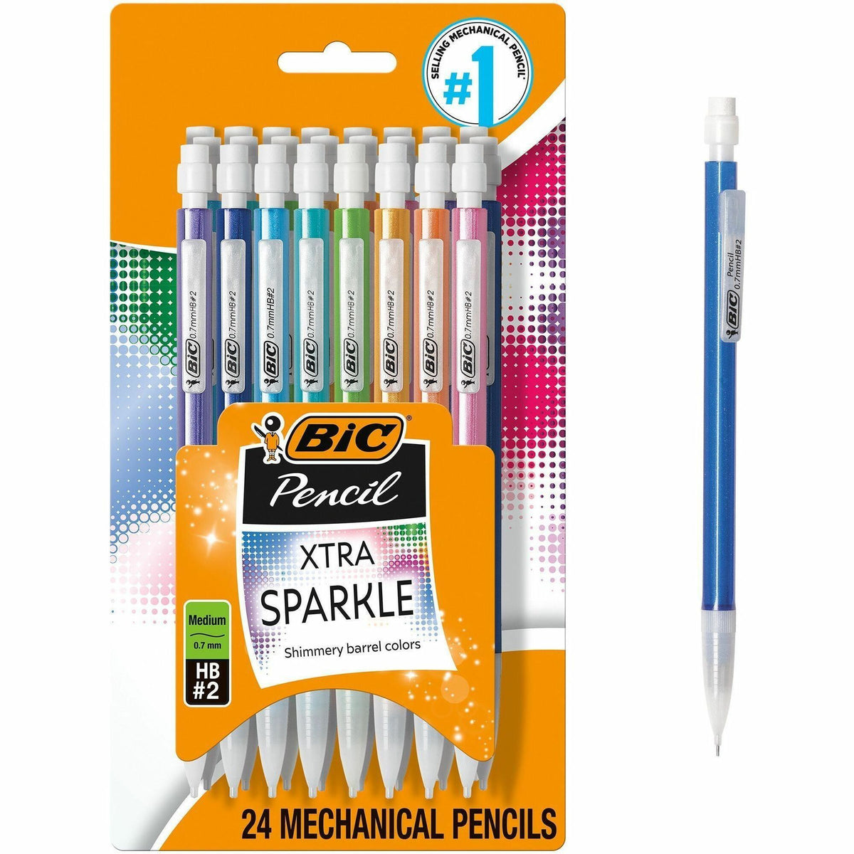 BIC Xtra Sparkle Mechanical Pencils - 0.7 mm Black Lead - #2 - Refillable - Blue Plastic, Green, Orange, Purple, Red Bar