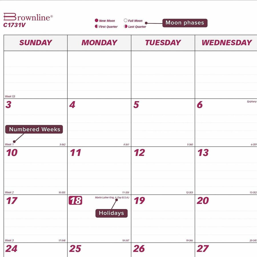 Brownline Vinyl Strip Monthly Desk Pad - Julian Dates - Monthly - 12 Month - January 2027 to December 2027 - 1 Month Sin