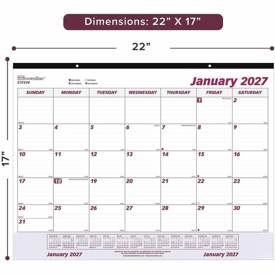 Brownline Vinyl Strip Monthly Desk Pad - Julian Dates - Monthly - 12 Month - January 2027 to December 2027 - 1 Month Sin