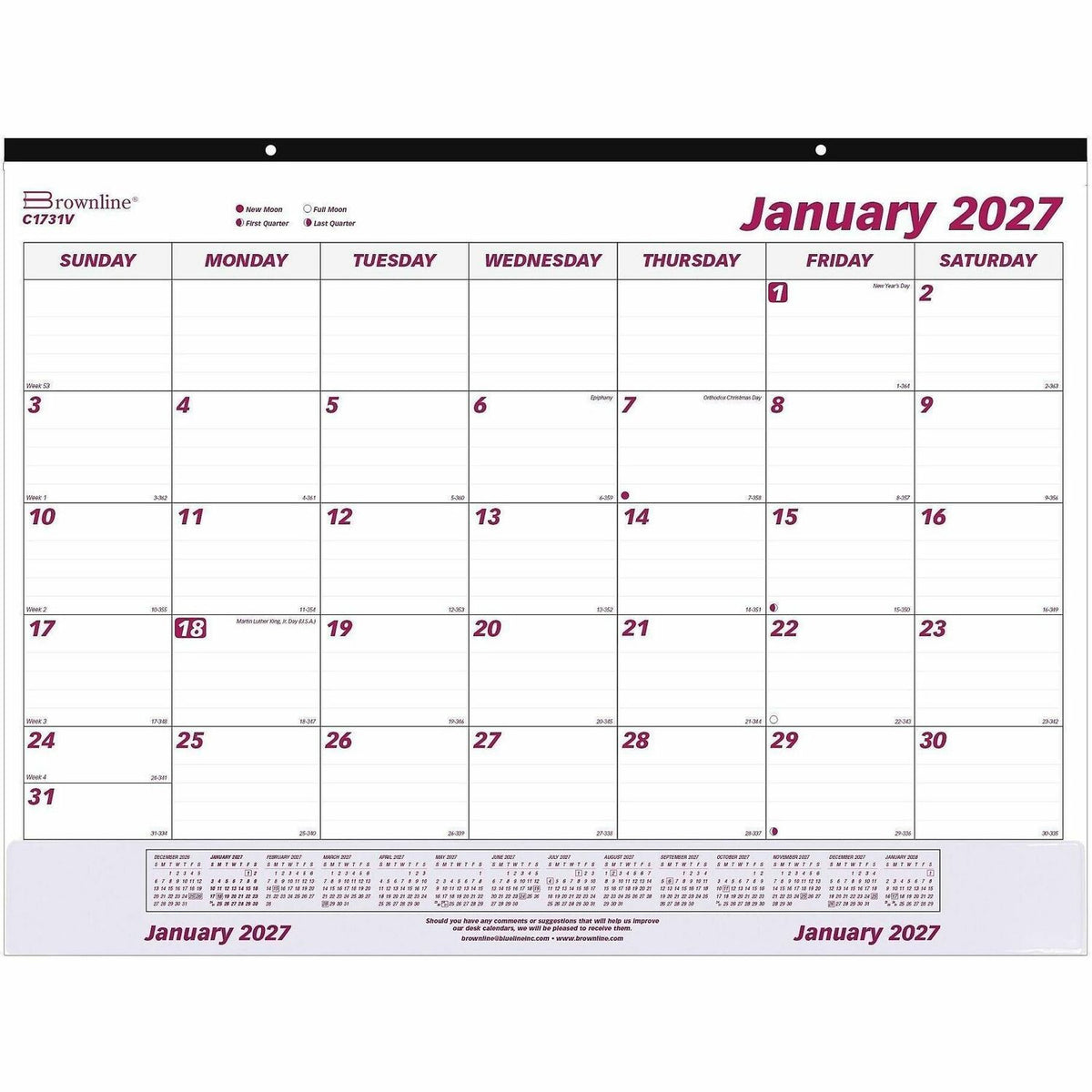 Brownline Vinyl Strip Monthly Desk Pad - Julian Dates - Monthly - 12 Month - January 2027 to December 2027 - 1 Month Sin