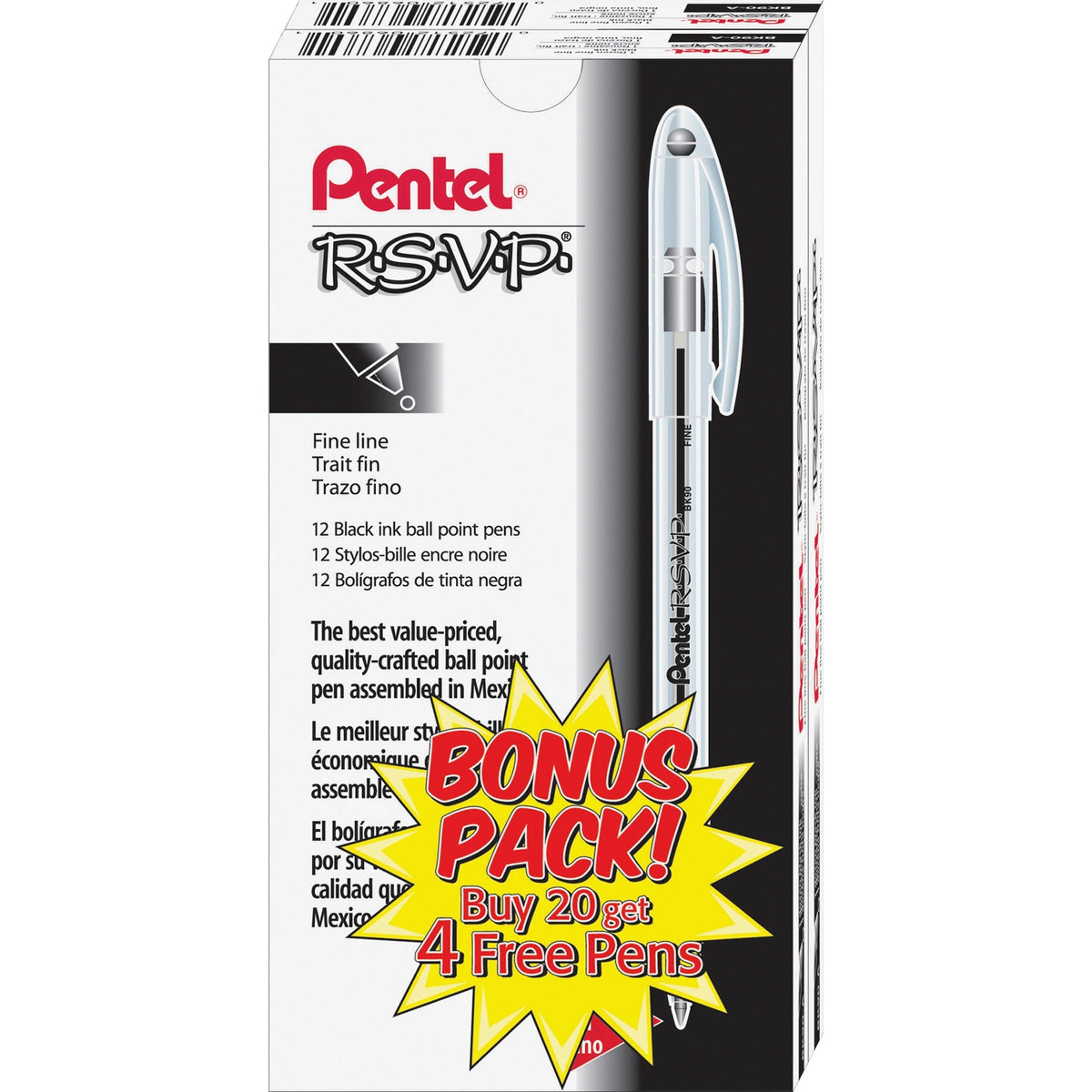 Pentel R.S.V.P. Ballpoint Stick Pens - Fine Pen Point - Refillable - Black Ink - Clear Barrel - Stainless Steel Tip - 24