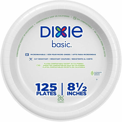 Dixie Basic® 8-1/2" Lightweight Paper Plates by GP Pro - Microwave Safe - 8.5" Diameter - White - Paper Body - 125 / Pac