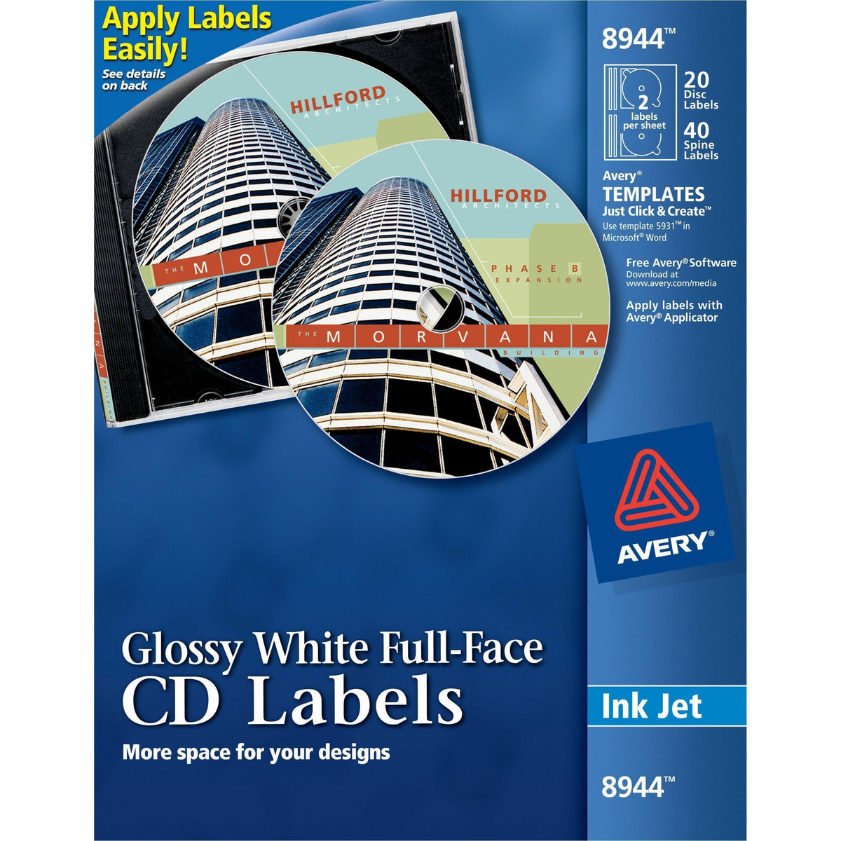 Avery® Optical Disc Label - Permanent Adhesive - Inkjet, Laser - Glossy - Glossy White - Paper - 2 / Sheet - 10 Total Sh