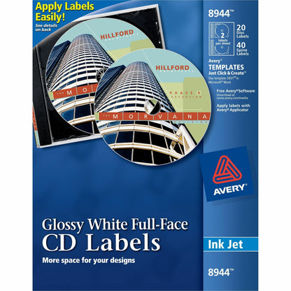 Avery® Optical Disc Label - Permanent Adhesive - Inkjet, Laser - Glossy - Glossy White - Paper - 2 / Sheet - 10 Total Sh