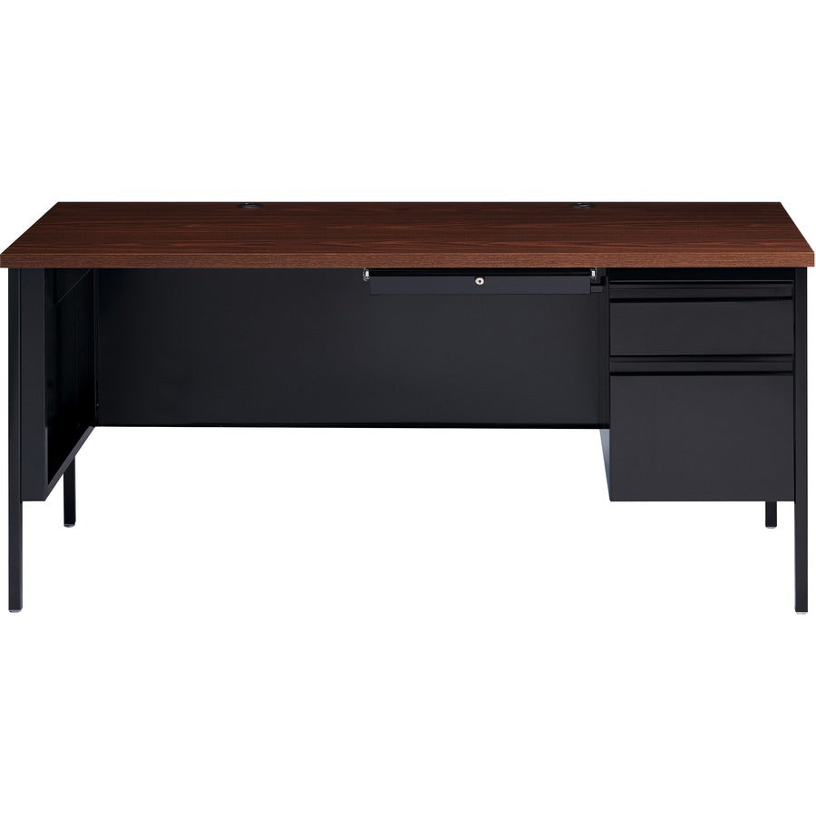 Lorell Fortress Series 66" Right-Pedestal Desk - Laminated Rectangle, Walnut Top - 1 Each