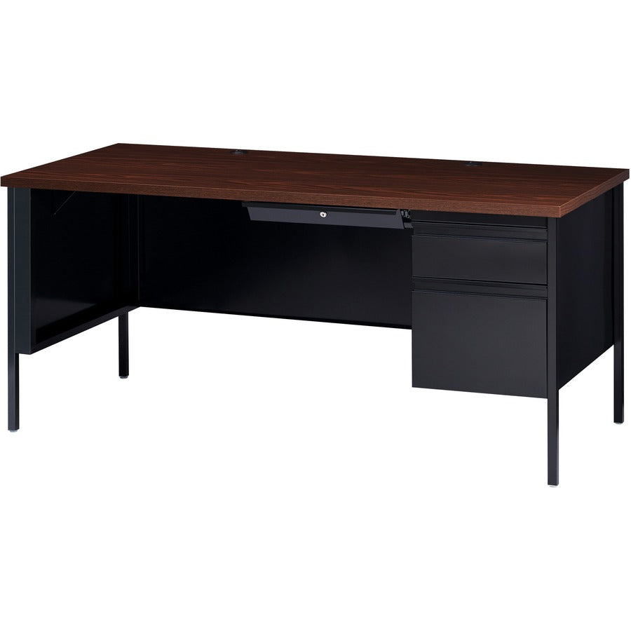 Lorell Fortress Series 66" Right-Pedestal Desk - Laminated Rectangle, Walnut Top - 1 Each
