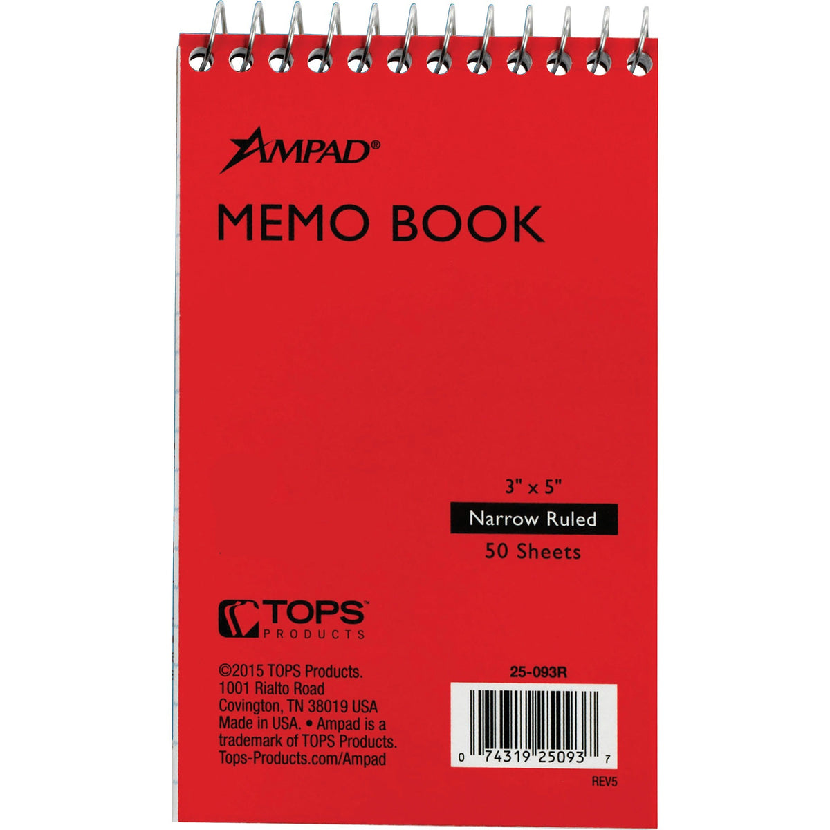 Ampad Topbound Memo Notebook - 50 Sheets - Wire Bound - 3" x 5" Sheet Size - White Paper - Assorted Pressboard Cover - M