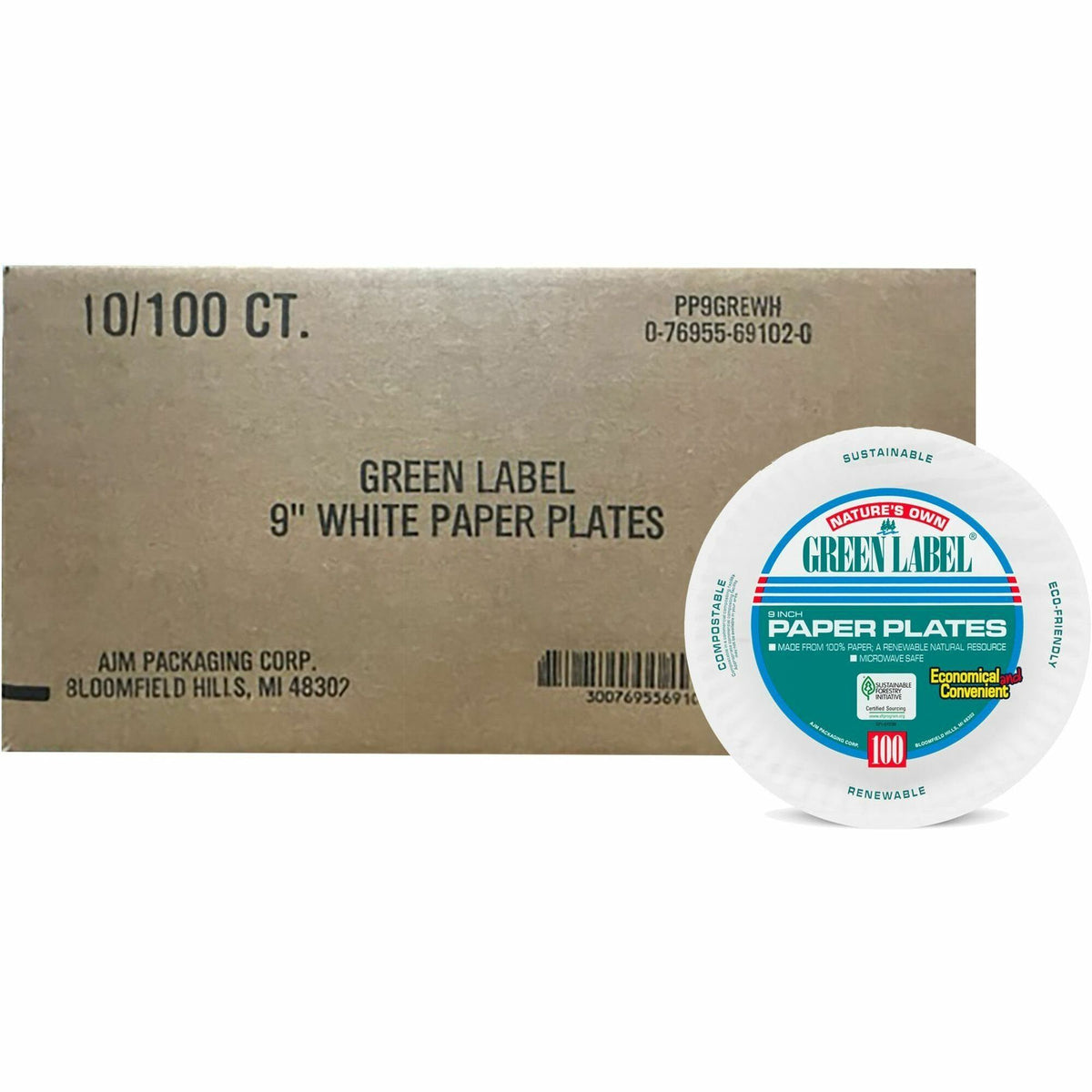 Green Label Green Label 9" Economy Paper Plates - Microwave Safe - 9" Diameter - White - Paper Body - Round - 100/Pack -