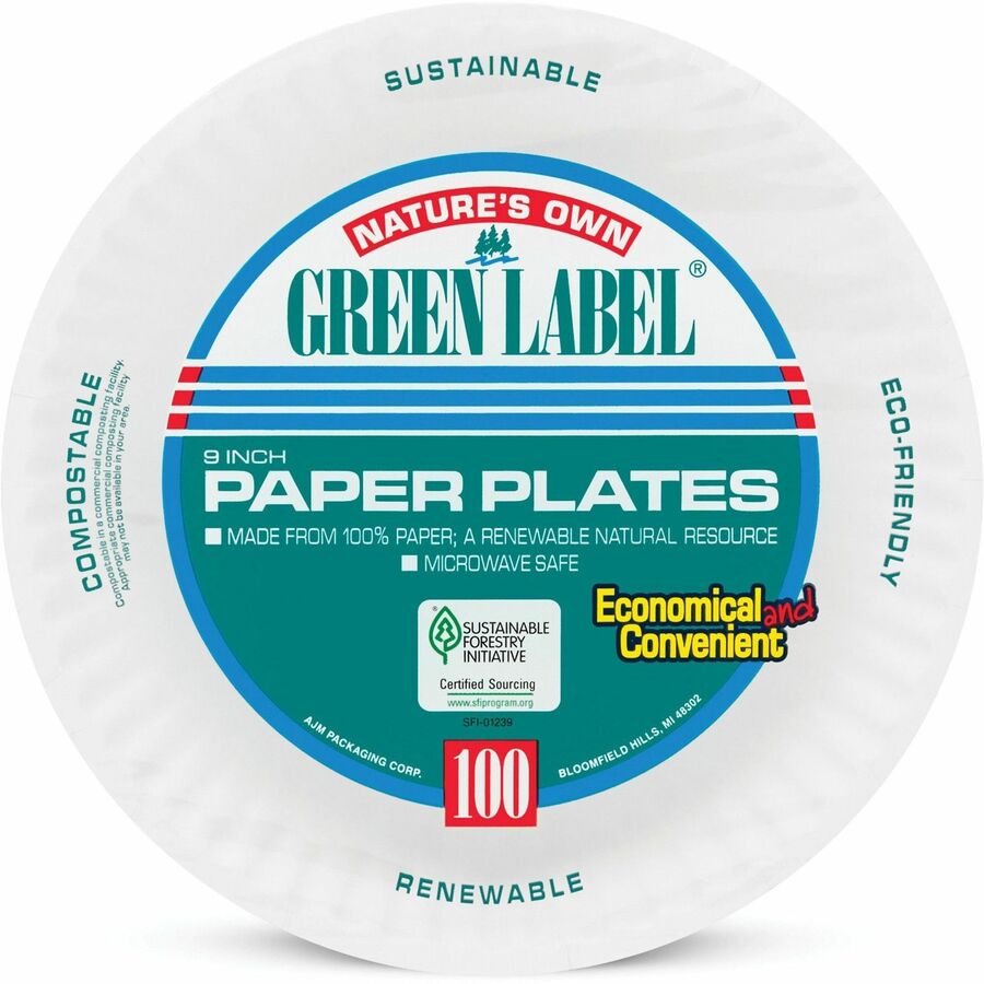 Green Label Green Label 9" Economy Paper Plates - Microwave Safe - 9" Diameter - White - Paper Body - Round - 100/Pack -