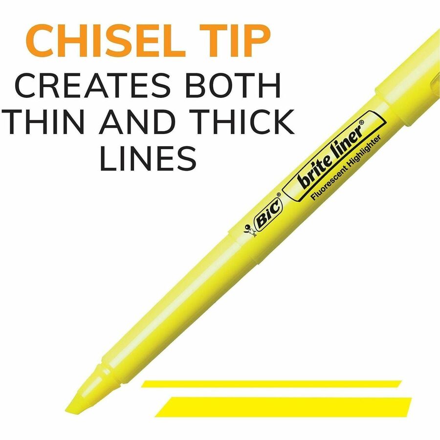 BIC Brite Liner Highlighters - Fluorescent Yellow Ink - Water Based - 24 / Box