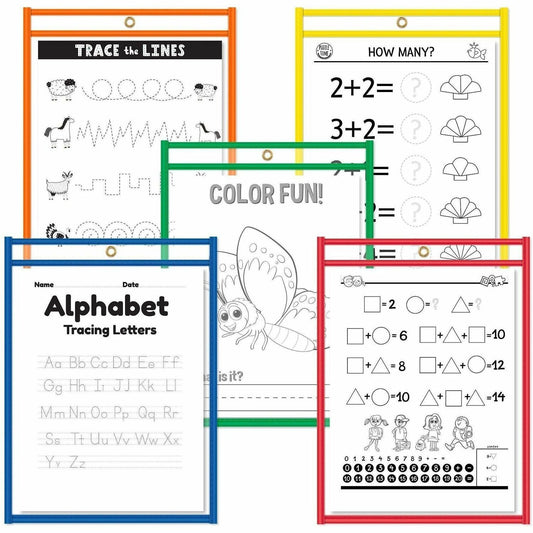 C-Line Reusable Dry Erase Pockets, Assorted Primary Colors, 9 x 12, 5/PK - Red, Orange, Yellow, Green, Blue Frame - Rect