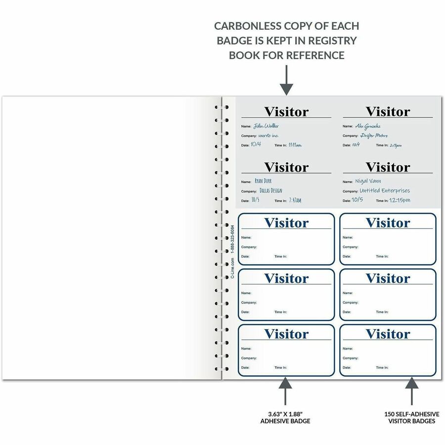 C-Line Registry Log Visitor Badges - Carbonless Copy - White - 1 Box