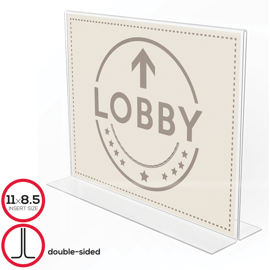 Deflecto Anti-Glare Double-sided Sign Holder - Landscape - 8.7" Height x 11.1" Width x 3.3" Depth - Acrylic - Clear - 1 